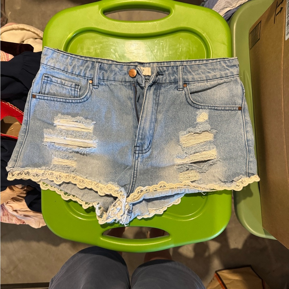 Forever 21 Light Blue Distressed Jean Shorts with Lace